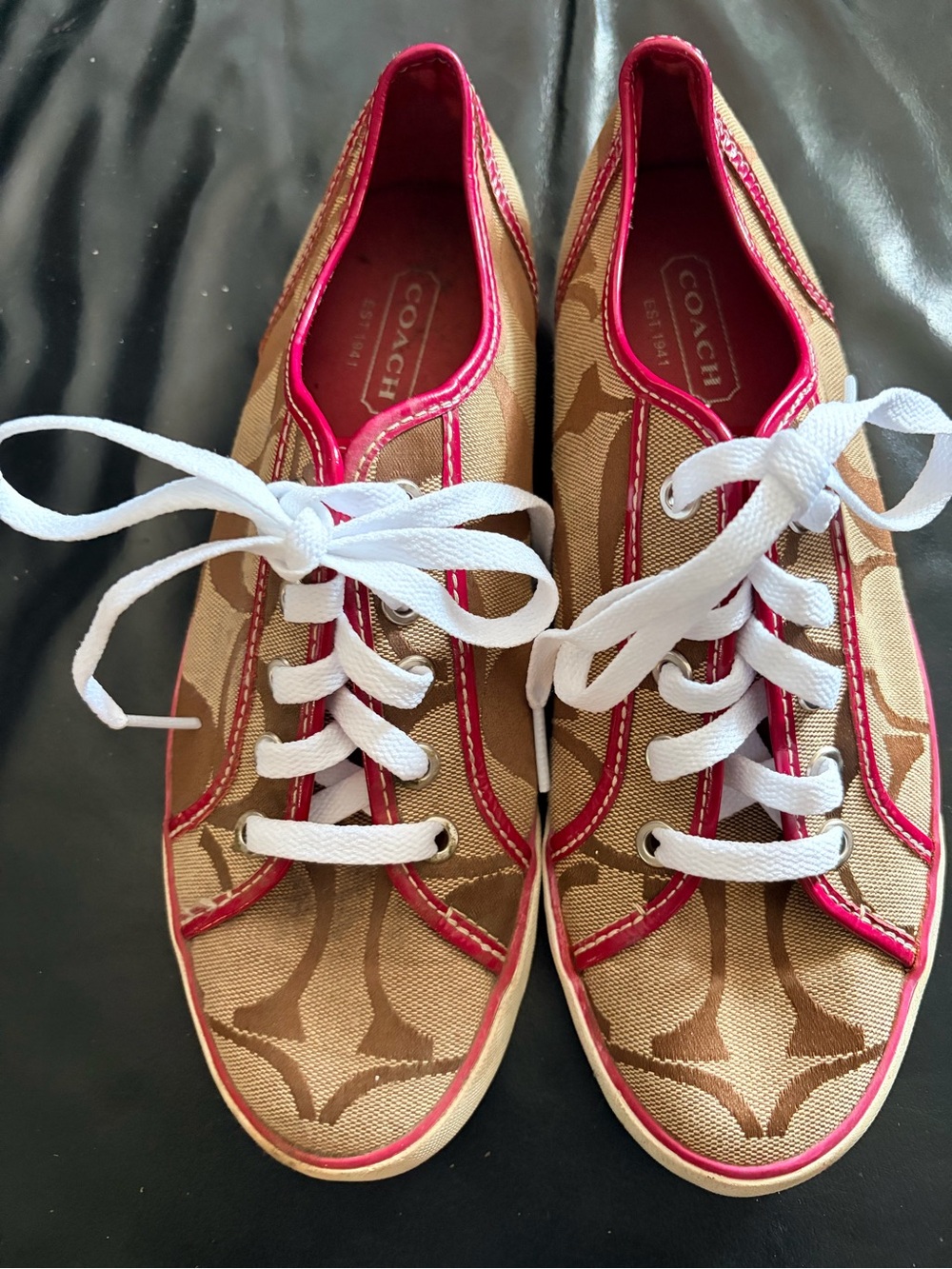 Coach Brown Signature Canvas Sneakers with Pink Trim